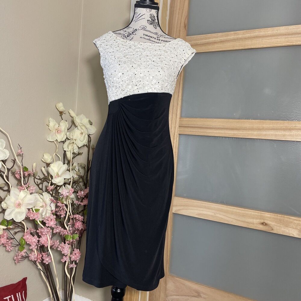 Connected Apparel Black & White Sequin Bodice Cocktail Dress Womens 6 Faux Wrap